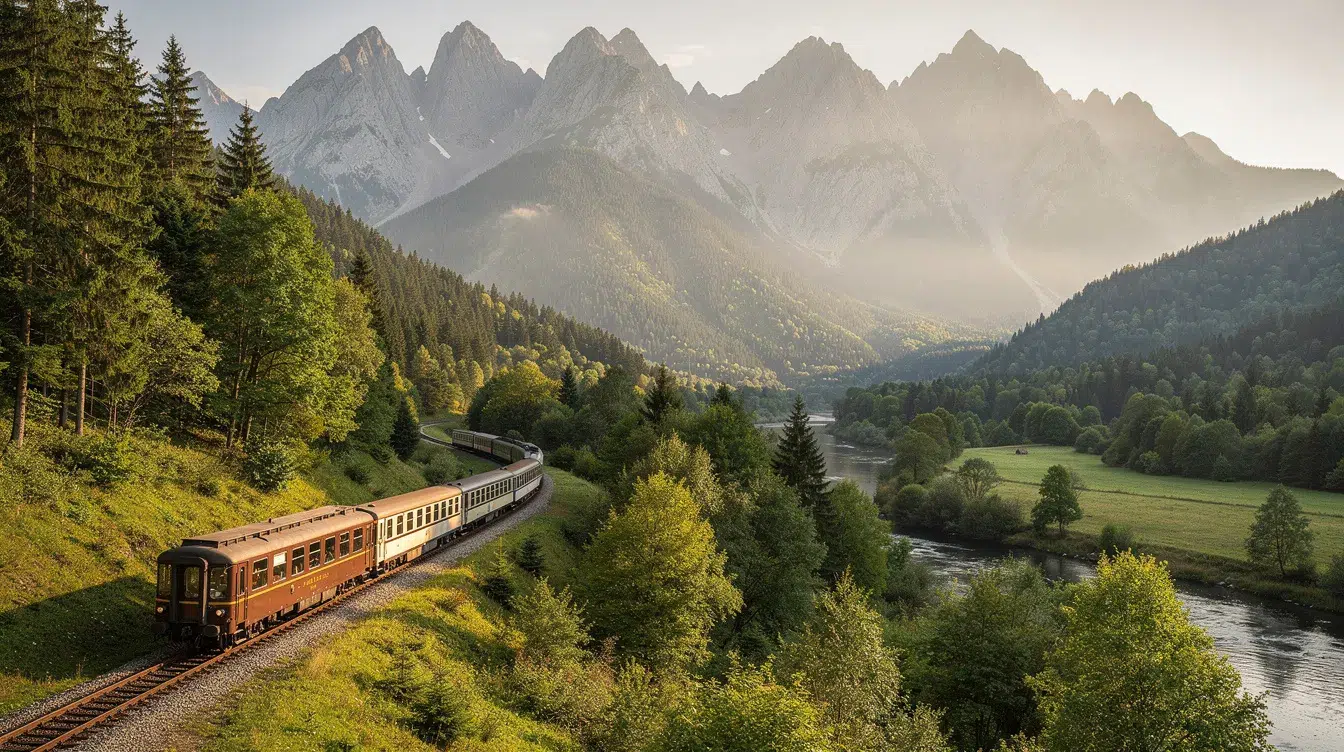 Eine landschaftlich reizvolle Zugfahrt durch die Karpaten in Rumänien führt durch grüne Täler und malerische Dörfer, ideal für Reisende mit einem Interrail-Pass.