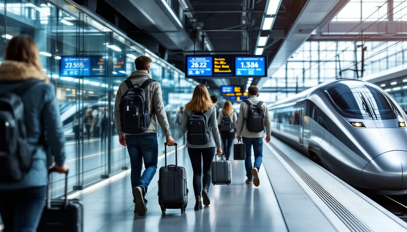 Europe by Rail Itinerary: Complete Guide to Train Travel Routes Across Europe Passengers with luggage are walking along a European train platform, with a sleek modern train in the background, illustrating the excitement of train travel in major cities across Europe. This scene captures the essence of a train journey, perfect for exploring historic cities and scenic train rides.