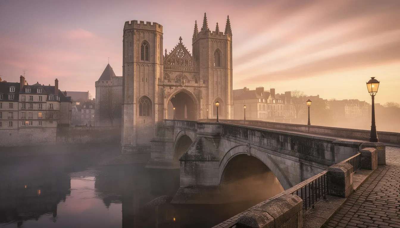 Eastern Europe by Train: Routes, Itineraries & Ticket Tips The image depicts a medieval stone bridge adorned with Gothic towers, set against the backdrop of a European city at sunrise, highlighting the enchanting beauty of its old town. This picturesque scene captures the essence of Eastern Europe, inviting visitors to explore its rich history and stunning architecture.