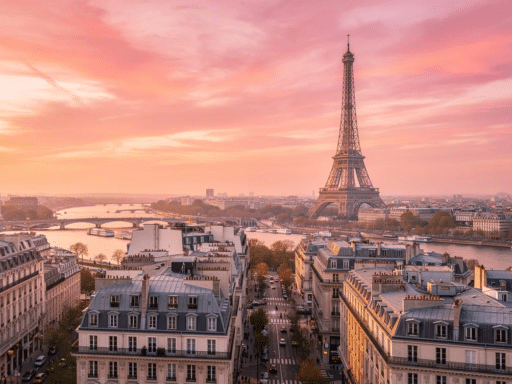 Eiffel Tower and Paris rooftops at sunset