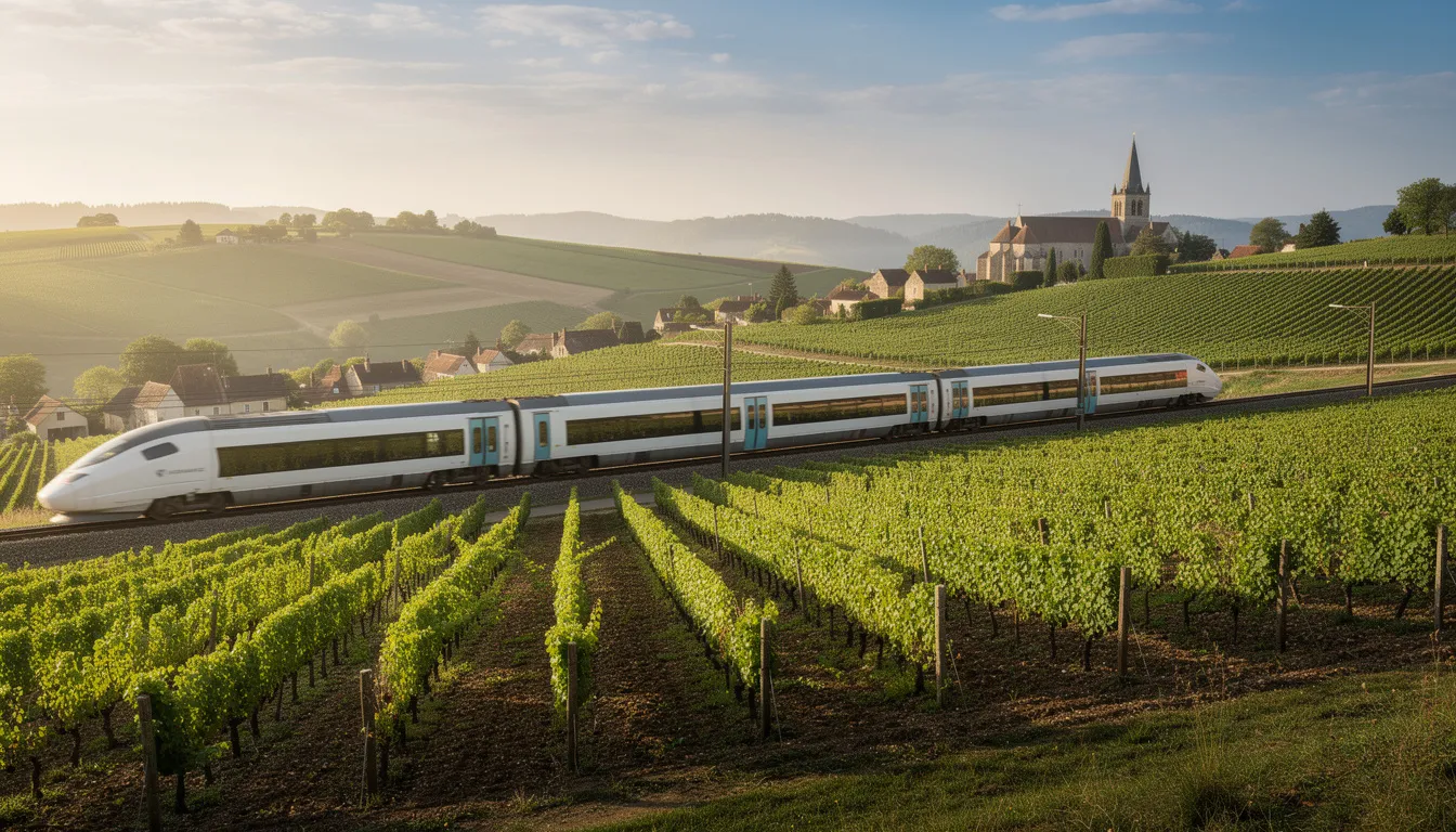 Student Train Pass Europe: How to Travel Cheaply by Rail as a Student A train is traveling through the scenic French countryside, surrounded by lush vineyards and rolling hills, showcasing the beauty of rural France. This picturesque journey highlights the charm of exploring Europe by train, perfect for travelers using options like the Eurail pass.