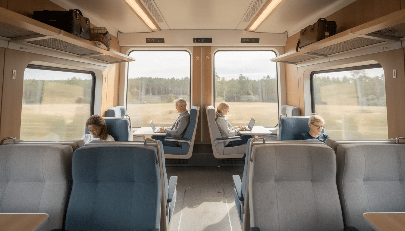 Interrail i Sverige Bilden visar interiören i en bekväm svensk tågvagn med stora fönster som släpper in naturligt ljus. Passagerarna sitter och njuter av sin resa på regionaltåg i Sverige, med en mysig atmosfär som är perfekt för avkoppling eller arbete under resan.