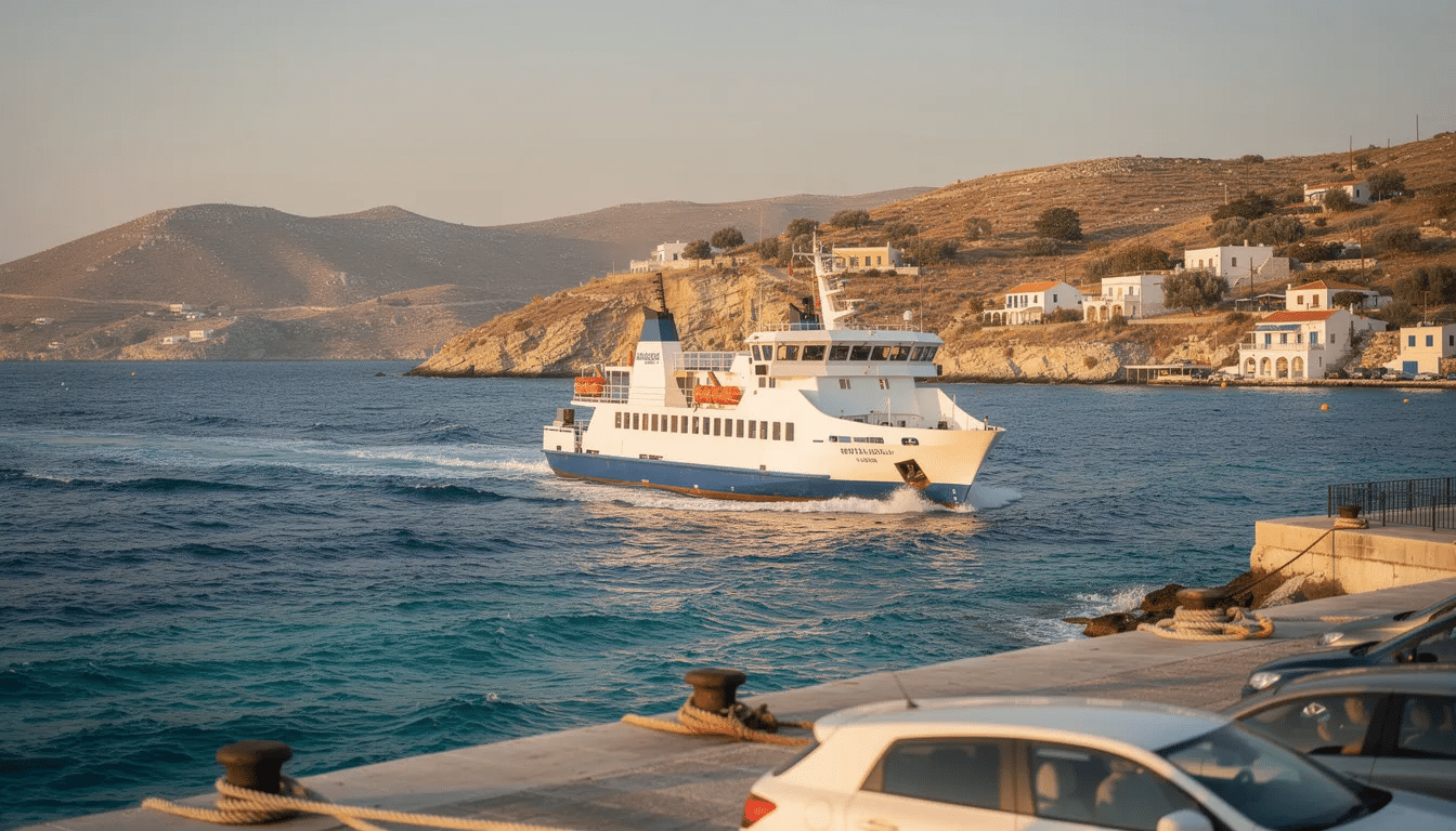 Interrail i Grekland En färja avgår från en livlig grekisk hamn, med pittoreska kustkullar i bakgrunden, som visar upp de grekiska öarnas skönhet. Den här scenen fångar essensen av färjeresor i Grekland, perfekt för dem som vill utforska öarna genom interrailresor.