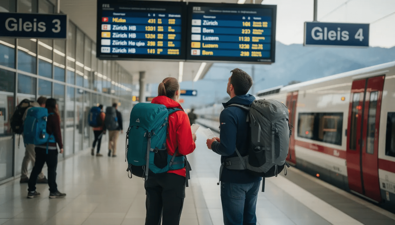 Interrail in Switzerland A group of travelers with backpacks stands on a bustling Swiss train platform, intently gazing at the departure board displaying various intercity trains. The scene captures the excitement of planning their journey through Switzerland, highlighting the convenience of using an interrail pass to explore major Swiss cities.