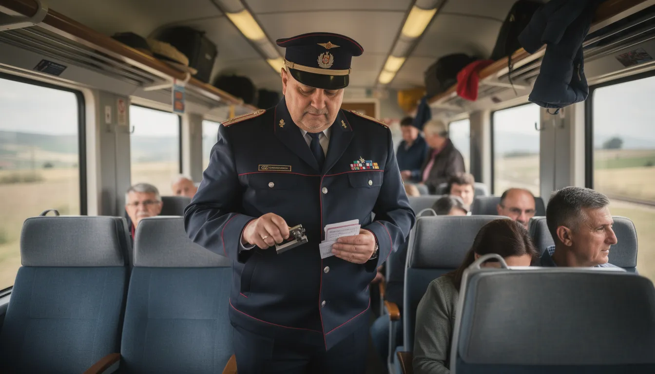 Trains in Bulgaria A Bulgarian train conductor is seen checking tickets inside a passenger carriage of a Bulgarian train, ensuring that all travelers have their tickets ready for the journey. The interior of the carriage reflects the comforts of rail travel, providing a glimpse into the daily operations of the Bulgarian state railways.
