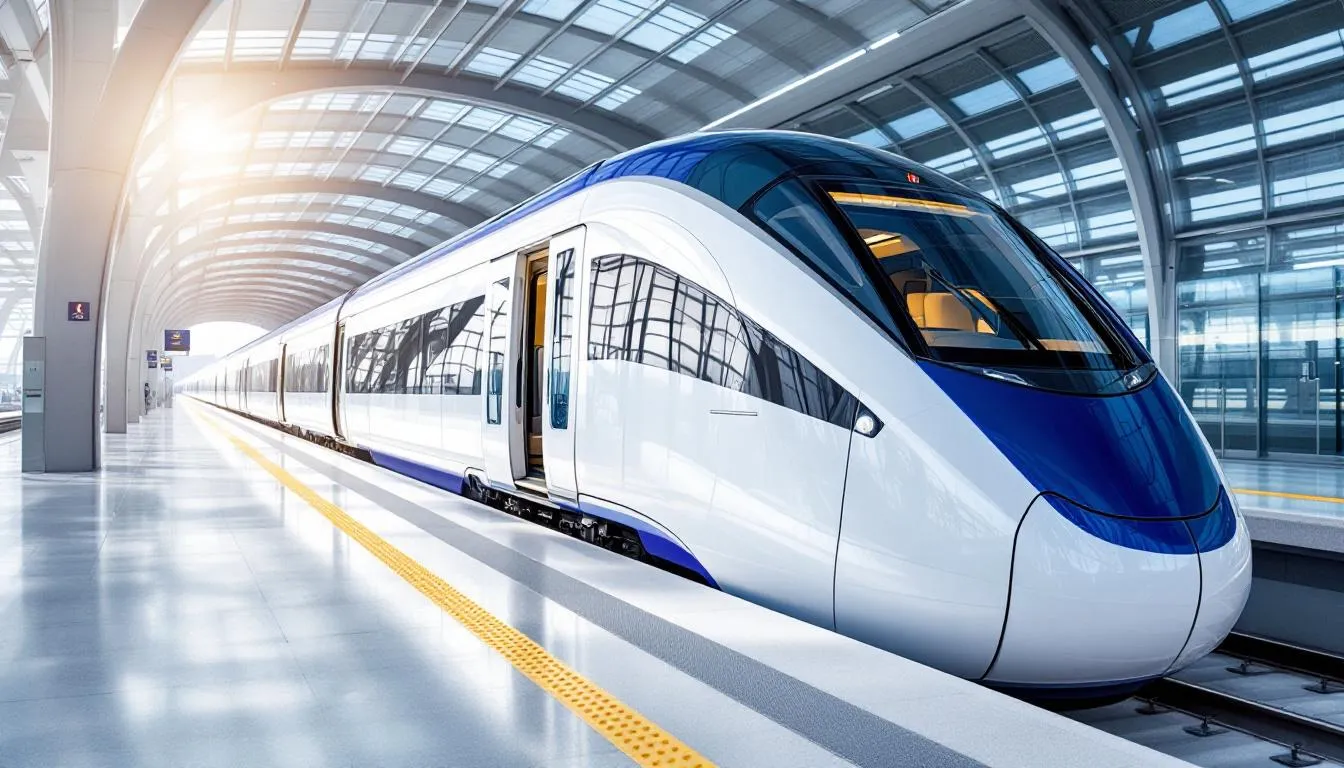 Trains in Portugal A modern Alfa Pendular high-speed train is stationed at a Portuguese railway station, showcasing its sleek white and blue exterior. This train, part of Portugal's rail transport system, offers comfortable seating and various onboard amenities for passengers traveling between major cities like Lisbon and Porto.