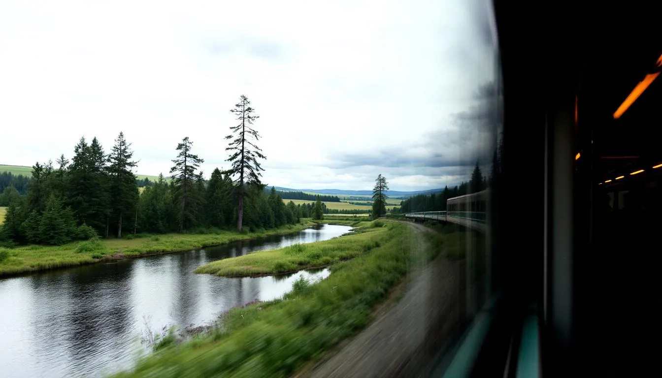 Trains in Sweden A scenic view from a train window showcases the lush Swedish forests and serene lakes, typical of the beautiful countryside seen along popular Swedish train routes. This tranquil landscape highlights the charm of train travel in Sweden, connecting major Swedish cities and offering a glimpse of the natural beauty between destinations.