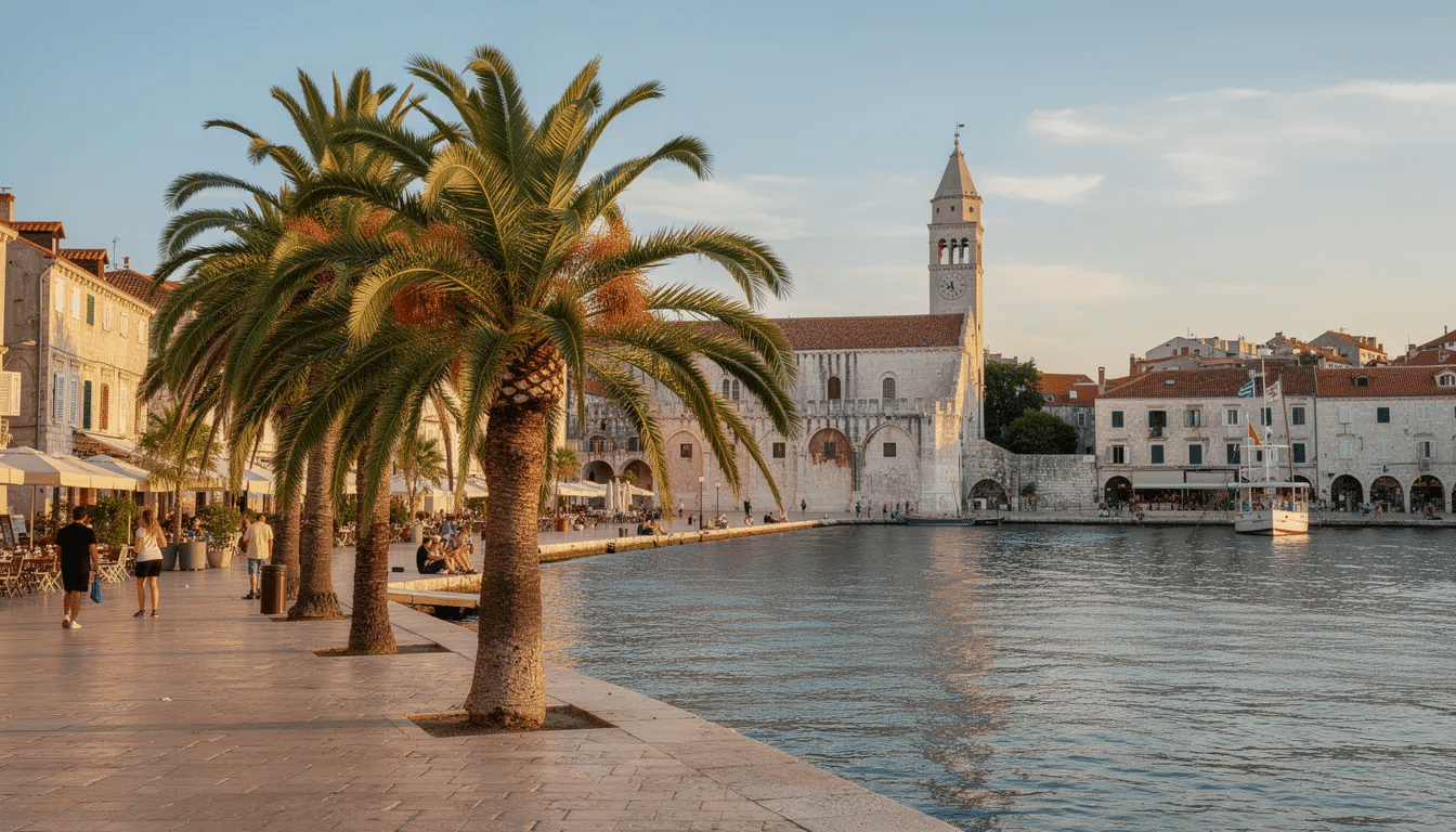 Interrail in Croatia The image depicts the vibrant waterfront of Split, Croatia, lined with palm trees and showcasing ancient Roman architecture, including the iconic Diocletian's Palace. This picturesque scene captures the essence of Croatia's coast on a sunny day, making it a perfect spot for travelers exploring the city's rich history and natural beauty.