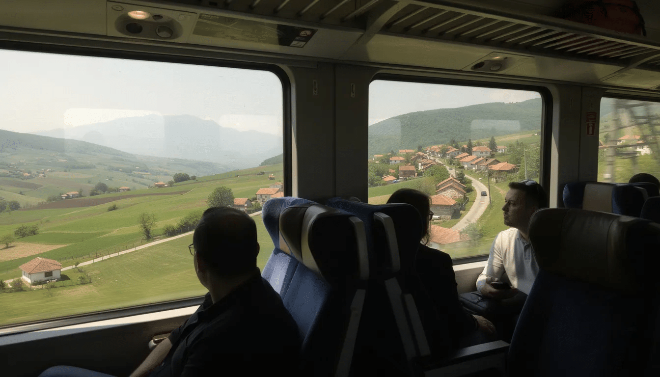 Fahrgäste blicken aus Zugfenstern auf die malerische bulgarische Landschaft mit sanften Hügeln und kleinen Dörfern. Die Szene zeigt eine Interrail-Reise durch Bulgarien und die Schönheit Osteuropas.