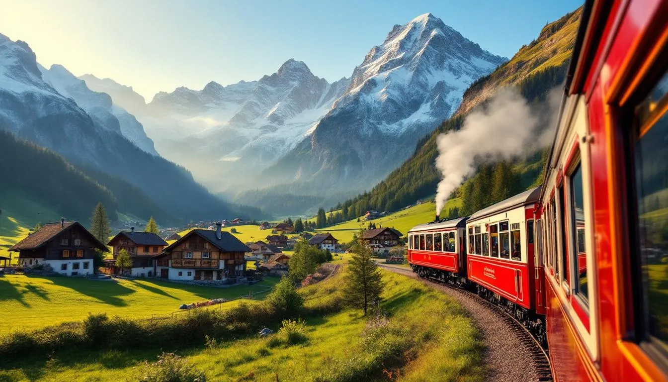 Trains in Austria A scenic Austrian train glides through a lush Alpine valley, surrounded by towering mountain peaks and picturesque villages. This picturesque journey showcases the beauty of Austria by rail, connecting traditional towns and offering a glimpse of the stunning landscape.