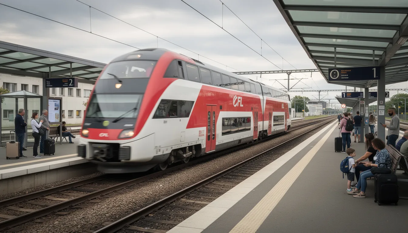 Trains in Luxembourg A modern double-deck CFL train is arriving at a contemporary railway platform, where passengers are waiting to board. This scene captures the essence of public transport in Luxembourg, showcasing the efficient train services that connect major cities and international destinations.