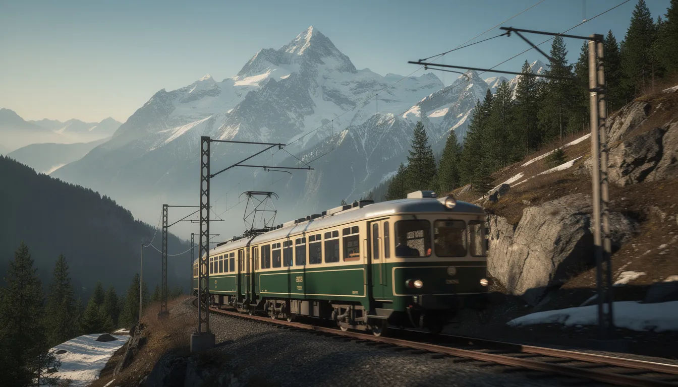 Trains in Slovakia A vintage-style electric train is gracefully traveling through a picturesque mountain landscape, with snow-capped peaks rising majestically in the background, encapsulating the beauty of train travel in Slovakia. This scenic journey highlights the charm of rail transport amidst the stunning natural scenery of the Slovak Republic.