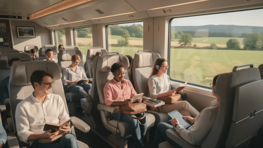Passengers seated inside a train carriage in Spain