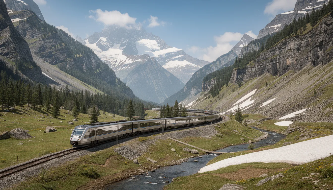 Is a Eurail Pass Worth It? The image depicts a scenic view of a train traveling through an alpine landscape, surrounded by majestic snow-capped peaks. This picturesque train journey showcases the beauty of train travel, making it an amazing trip for those exploring Europe with options like the Eurail pass for unlimited train travel.