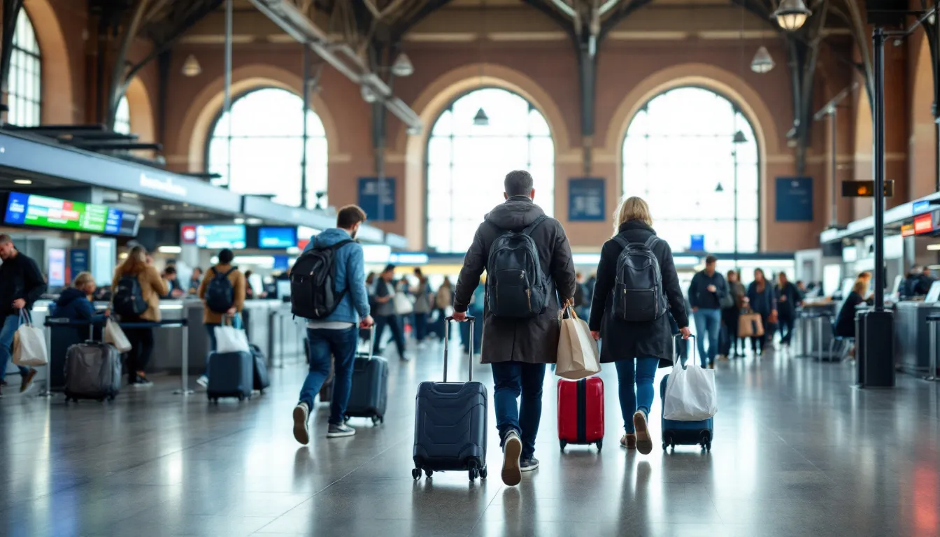 Eurail Pass Passengers with various pieces of luggage are navigating through a bustling European train station, surrounded by signs indicating different train routes and destinations. The scene captures the essence of train travel in Europe, where travelers can use their Eurail Passes to explore multiple countries and enjoy the convenience of international trains.
