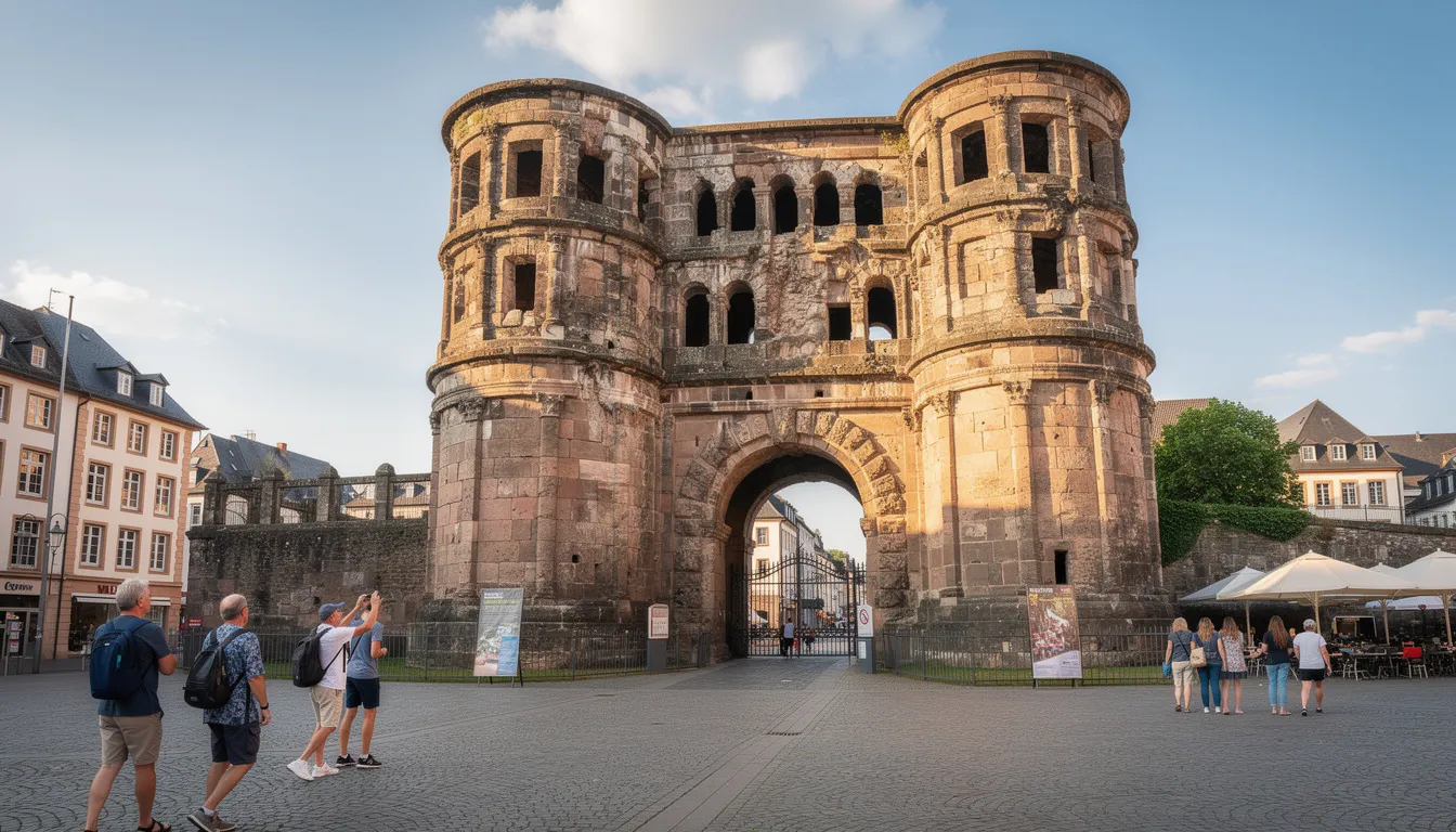Trains in Luxembourg The image depicts the Roman Porta Nigra gate in Trier, a historic landmark, with several tourists walking nearby, enjoying the scenery. This iconic structure is a popular destination for visitors exploring the region, which is well-connected by public transport, including trains that connect Luxembourg to major cities.