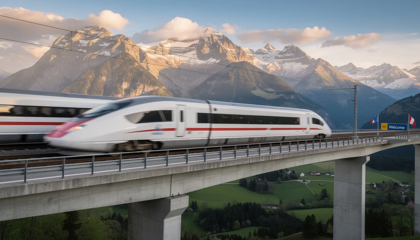 Interrail in France A sleek high-speed train crosses a bridge, with majestic mountains in the background, symbolizing the beauty of train travel along international routes in Europe. This scene captures the essence of interrailing in France, offering a glimpse into the stunning landscapes accessible by high-speed trains.