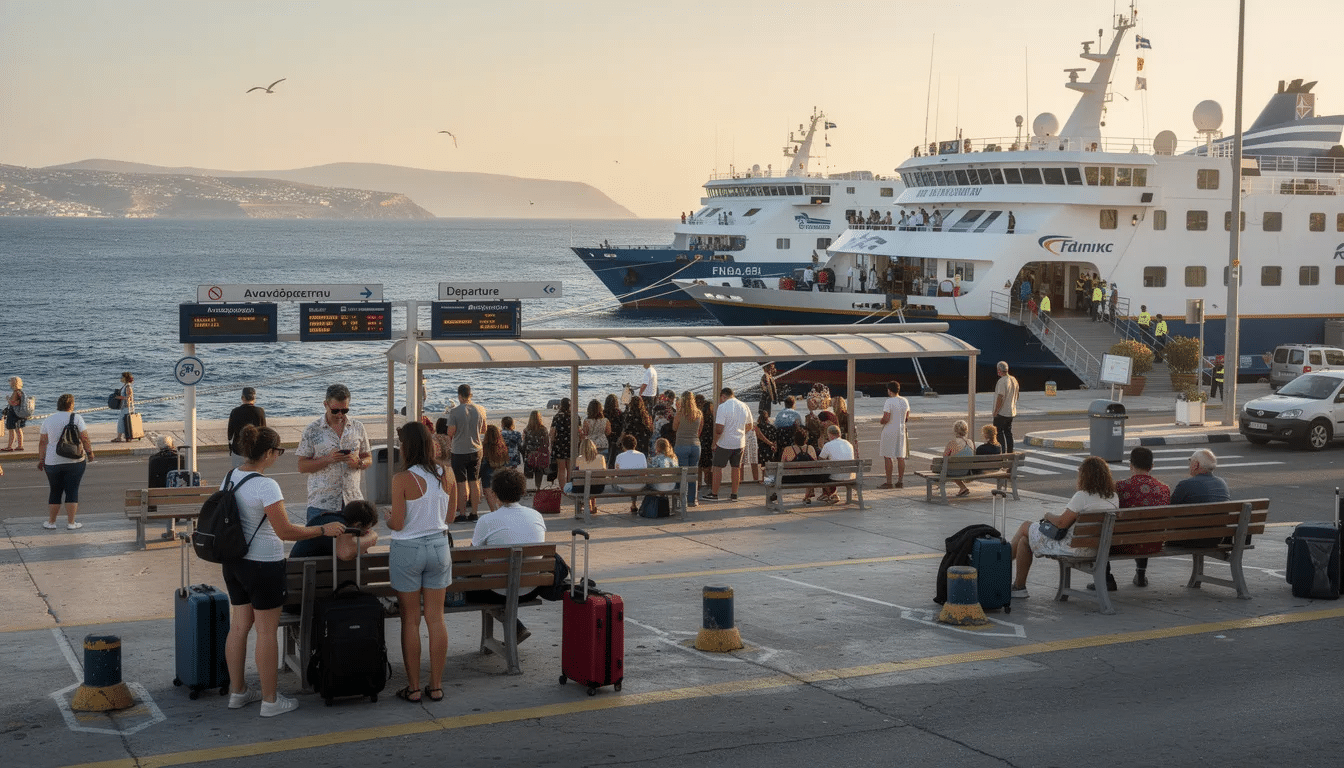 Interrail i Grekland Resenärer är samlade vid en livlig grekisk hamnterminal och väntar ivrigt på sina färjor, med fartyg från Blue Star Ferries och Hellenic Seaways synliga i bakgrunden, redo för öhoppning till de vackra grekiska öarna. Scenen fångar spänningen i att resa med färja i Grekland, där besökare kan utforska destinationer som Kreta och Mykonos.