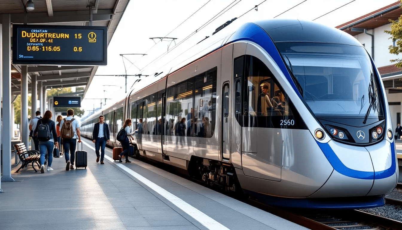 Trains in Croatia A modern Croatian train is seen at a bustling train station platform, where passengers are boarding for their journey. This scene captures the essence of international train travel in Croatia, connecting major cities like Zagreb and Split.
