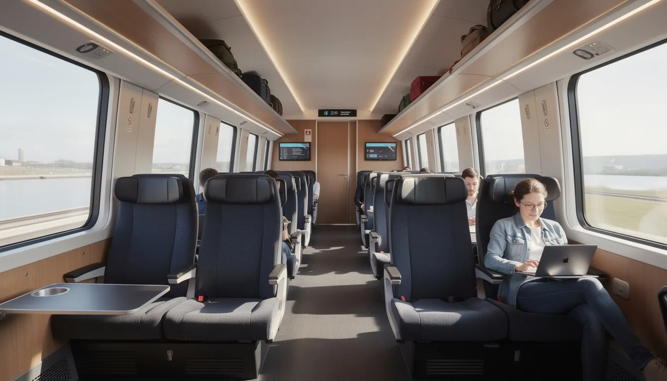 Trains in Hungary The image depicts the interior of a modern high-speed train, showcasing comfortable seating arrangements designed for passenger relaxation during travel. This setting reflects the advancements in Hungarian railways, making train travel across Hungary and international routes a pleasant experience.