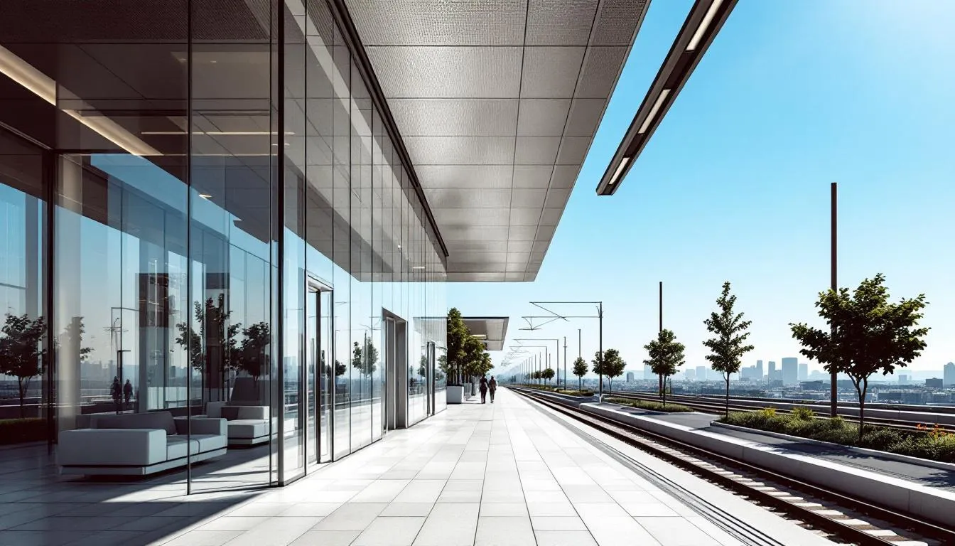 Trains in Portugal The image depicts a modern Portuguese train station characterized by its sleek glass and steel architecture, set against a clear blue sky. This contemporary design serves as a hub for regional and intercity trains, facilitating travel across major cities and smaller towns in Portugal.