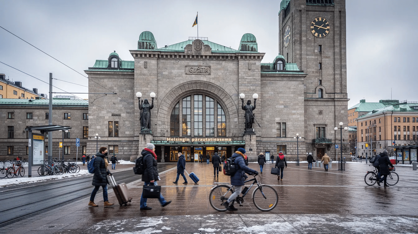 Interrail in Finland The image depicts the exterior of Helsinki Central railway station, showcasing its grand architecture as passengers walk by, highlighting the bustling atmosphere of this key train station in the city center of Finland. This iconic building serves as a hub for train travel across European countries, making it a vital part of many interrail trips.