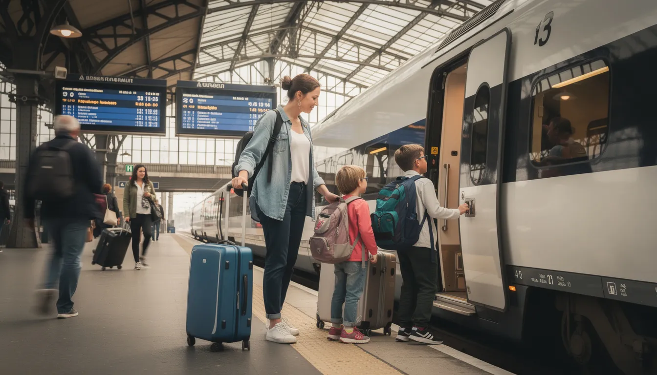 Eurail Promo Codes and Discounts: What Works and What Doesn’t A family with several pieces of luggage is boarding a modern European train at a bustling platform, ready to start their trip across various countries. They appear to be using e-tickets purchased online, possibly taking advantage of discounts and seat reservations for a comfortable journey.