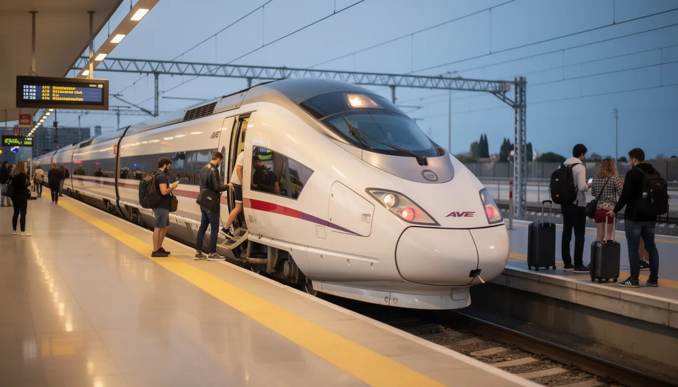 Interrail in Spain A modern white high-speed AVE train stands at a busy station platform, where passengers are boarding for their journey. This scene captures the essence of intercity travel in Spain, showcasing the efficiency of high-speed trains as they connect major cities.