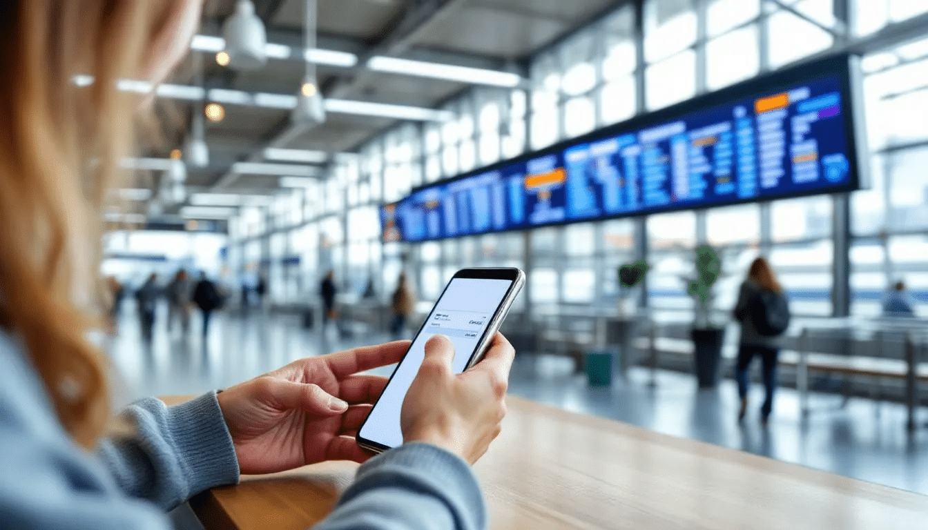 Trains in United Kingdom A person is using a smartphone to book train tickets online, with a modern railway station visible in the background, showcasing the convenience of booking cheap train tickets for their upcoming journey on the UK national rail network. The scene highlights the importance of planning travel and saving money on ticket prices.