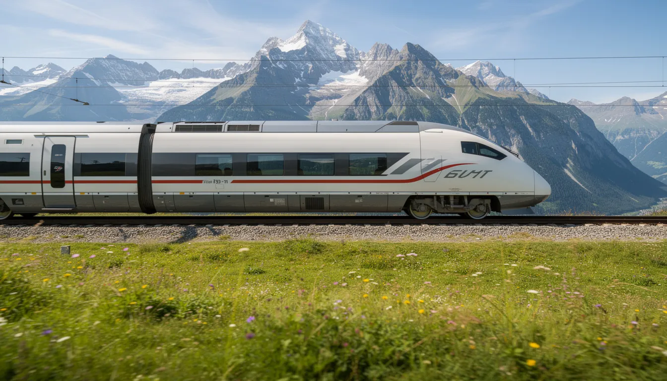 Top Europe Train Tours: Explore Scenic Journeys Across the Continent A sleek modern European high-speed train glides through vibrant green alpine meadows, with stunning snow-capped peaks in the background, embodying the essence of scenic train routes in Europe. This picturesque journey showcases the beautiful landscapes and natural wonders that make train trips through the Alps a must-visit destination for leisure travelers.