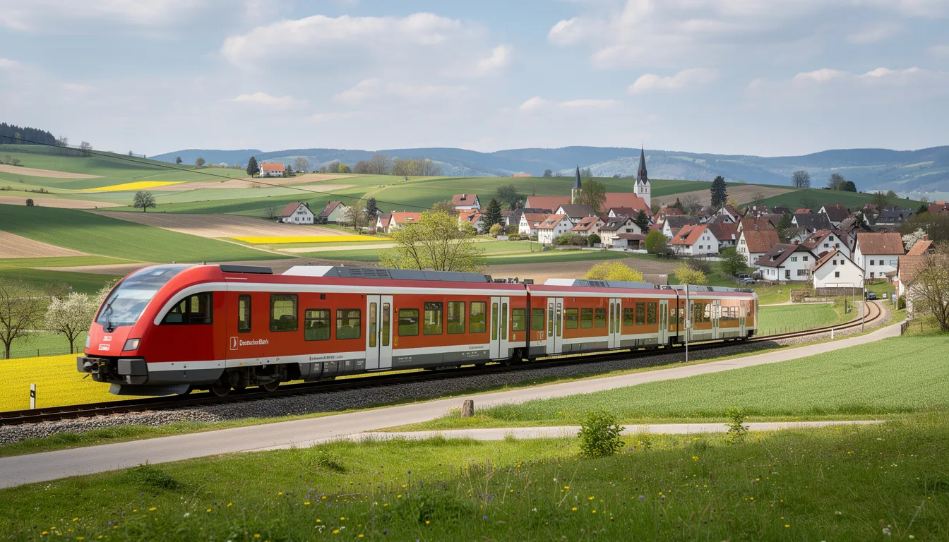 Interrail in Germany A regional German train operated by Deutsche Bahn travels through picturesque countryside, surrounded by lush green hills and quaint small villages in the background. This scenic route showcases the charm of Germany's rural landscapes, perfect for those exploring with an Interrail pass.