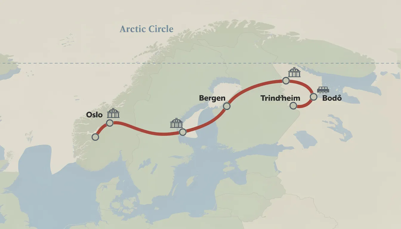 Interrail in Norway The image depicts a simple illustrated map of Norway, showcasing a railway loop that connects Oslo, Bergen, Trondheim, and Bodø, with the Arctic Circle marked along the route. This map is ideal for travelers planning their trip with an Interrail Norway pass, highlighting key destinations for scenic train journeys.