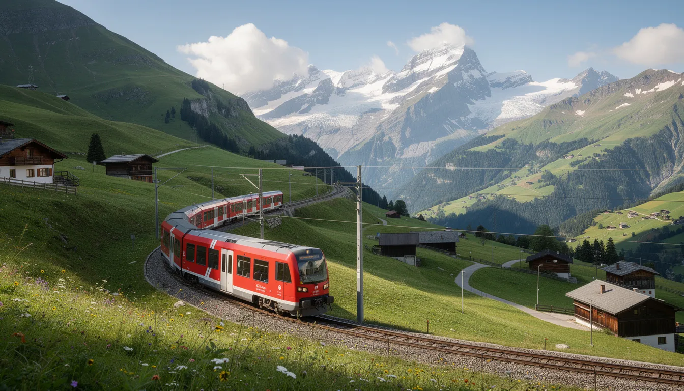 Swiss Travel Pass Explained A scenic red Swiss train winds through lush green Alpine valleys, with majestic snow-capped mountains rising in the background, showcasing the beauty of Switzerland's landscape. This picturesque view highlights the allure of traveling by train, making it an ideal option for those looking to explore the country using a Swiss travel pass.