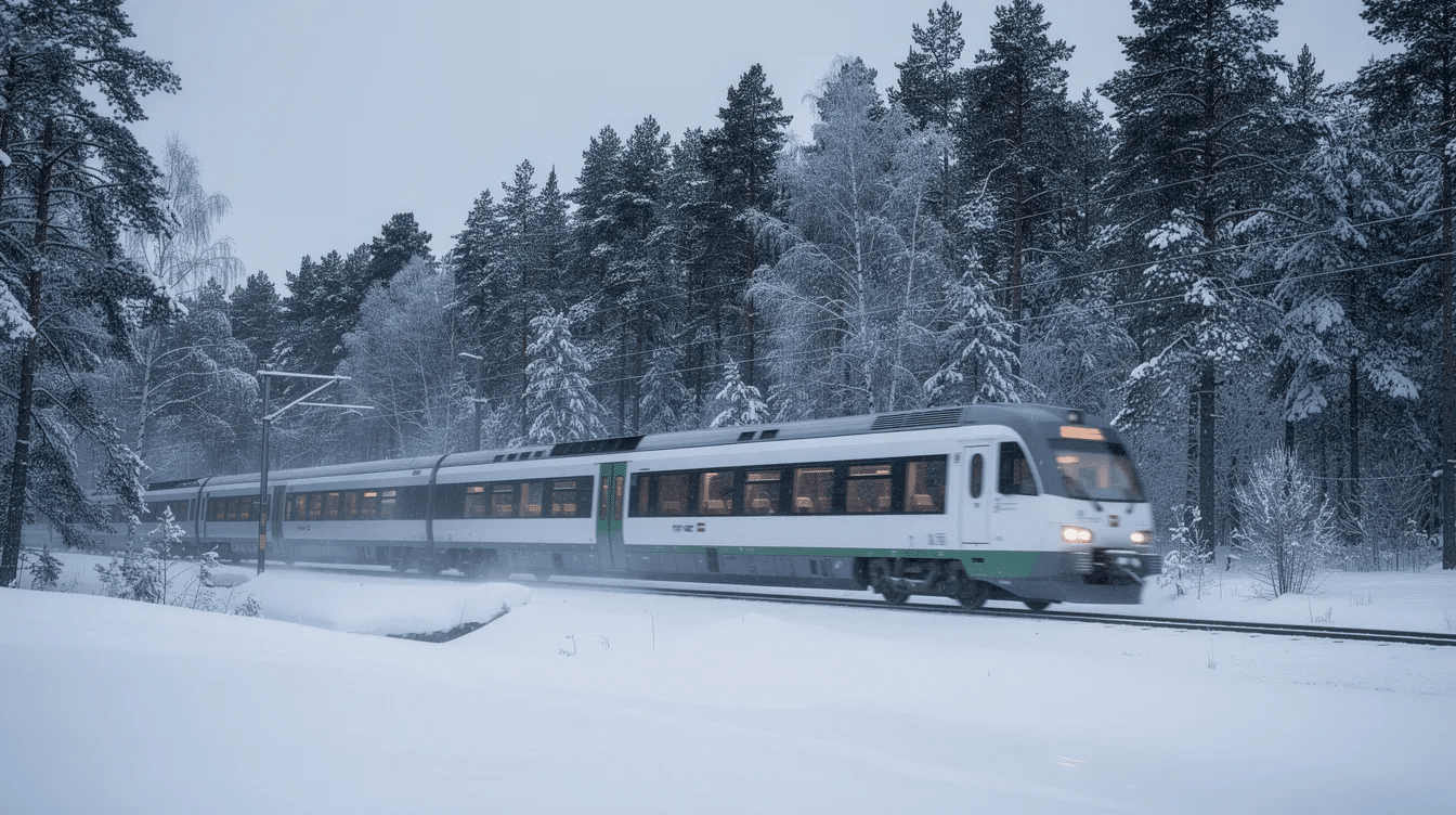 A modern Finnish train glides through a serene snowy forest landscape, embodying the charm of winter travel in Finland. This picturesque scene showcases the beauty of train travel, perfect for those exploring the country with an Interrail Finland pass.