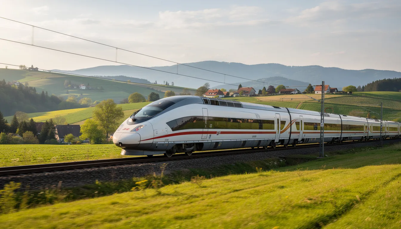 Tickets for Eurostar: Prices, Routes, and Tips A modern high-speed Eurostar train is seen traveling through the picturesque European countryside, characterized by rolling green hills and a clear blue sky. This scene captures the essence of a journey from London to Paris, highlighting the beauty of the landscapes along the Eurostar routes.