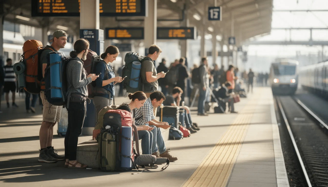 Interrail i Polen En grupp resenärer med ryggsäckar väntar på en livlig tågperrong, omgiven av färgglada byggnader och ett myller av passagerare som ska med regionala och internationella tåg. Den här scenen fångar kärnan i interrailresandet i Polen, där förbindelserna till de större städerna är lättillgängliga.