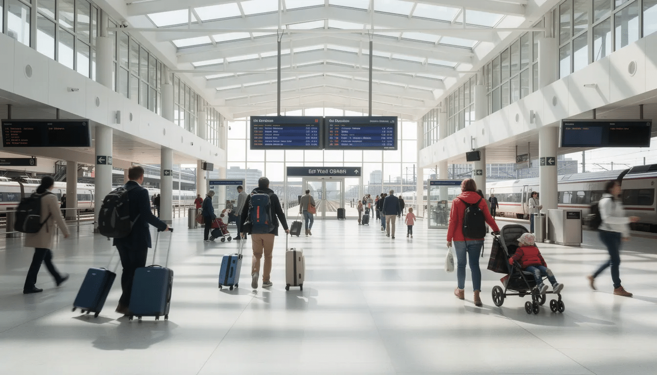 Interrail on Eurostar: How to Use Your Rail Pass with Confidence A bustling modern train station concourse filled with travelers carrying luggage as they navigate towards their desired train, ready for their journey on Eurostar routes to cities like London, Paris, and Brussels. The bright environment reflects the excitement of travel, with signs indicating departure times and various ticket options such as Interrail passes and seat reservations.