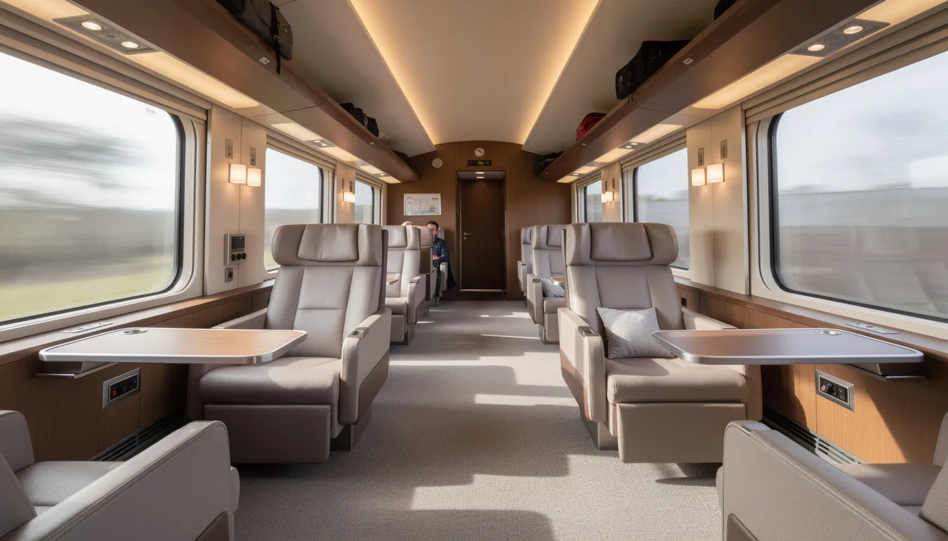 Cheap Rail Fares UK – How to Cut the Cost of Train Travel in 2026 The image depicts a comfortable first-class train carriage interior featuring spacious seating with plush armrests and ample legroom, ideal for a relaxing train journey. This elegant setting emphasizes the premium experience of train travel, making it a great option for those looking to book cheap train tickets for their next adventure.