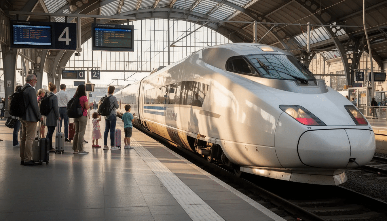 Europe by train A high-speed train is arriving at a modern European railway station, where passengers are eagerly waiting on the platform. The scene captures the excitement of train travel in vibrant cities across Europe, highlighting the convenience and efficiency of European trains.