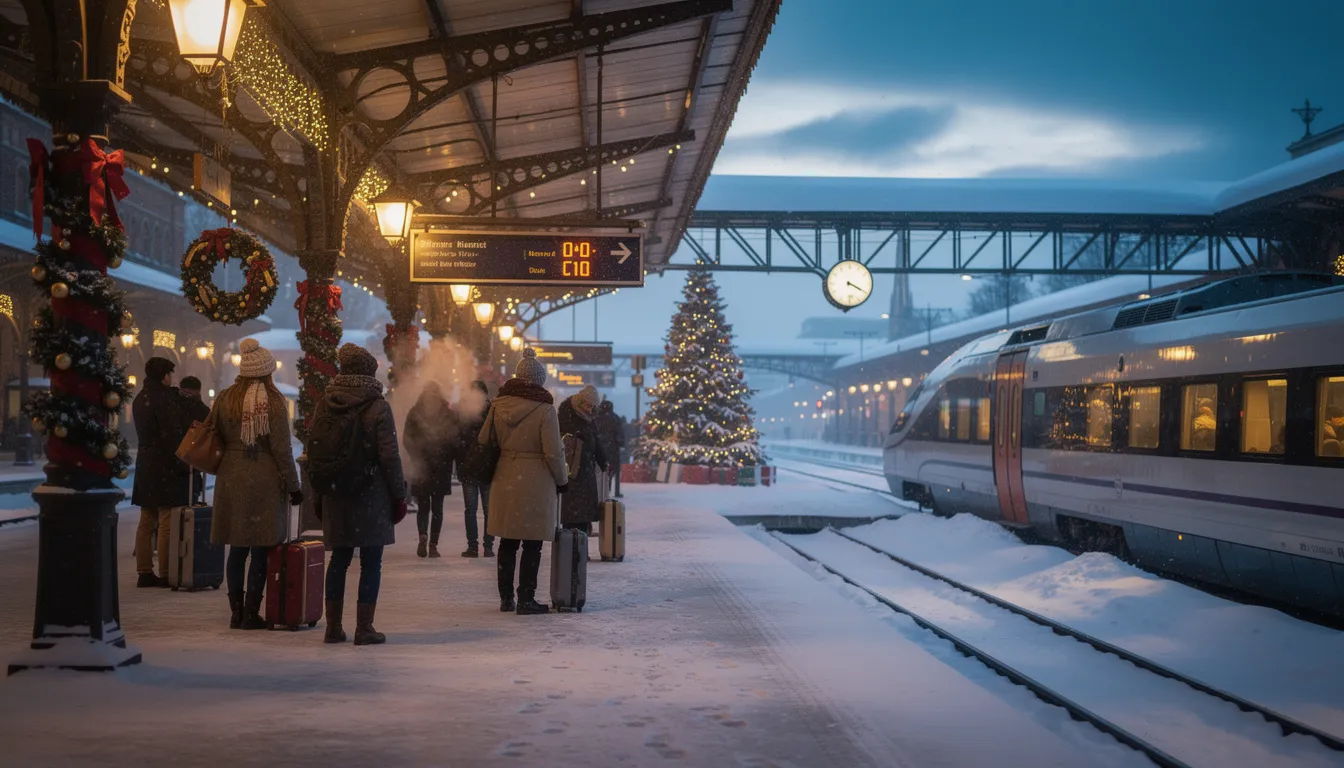 Eastern Europe by Train: Routes, Itineraries & Ticket Tips A snow-covered train platform in a bustling eastern European city features passengers waiting near festive holiday decorations. The scene captures the charm of winter train travel, with cobblestone streets and a backdrop of historical architecture, embodying the spirit of a wonderful trip through central Europe.