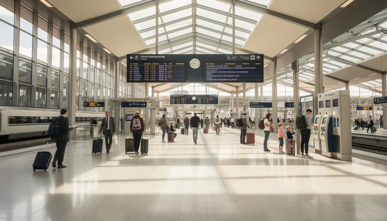Trainline vs Rail Europe: Which Is Better for Booking European Train Tickets? The image depicts a modern European train station interior, bustling with passengers walking through a bright concourse, where they can easily buy train tickets and plan their journeys. The atmosphere is vibrant, highlighting the convenience of train travel across different countries in Europe.