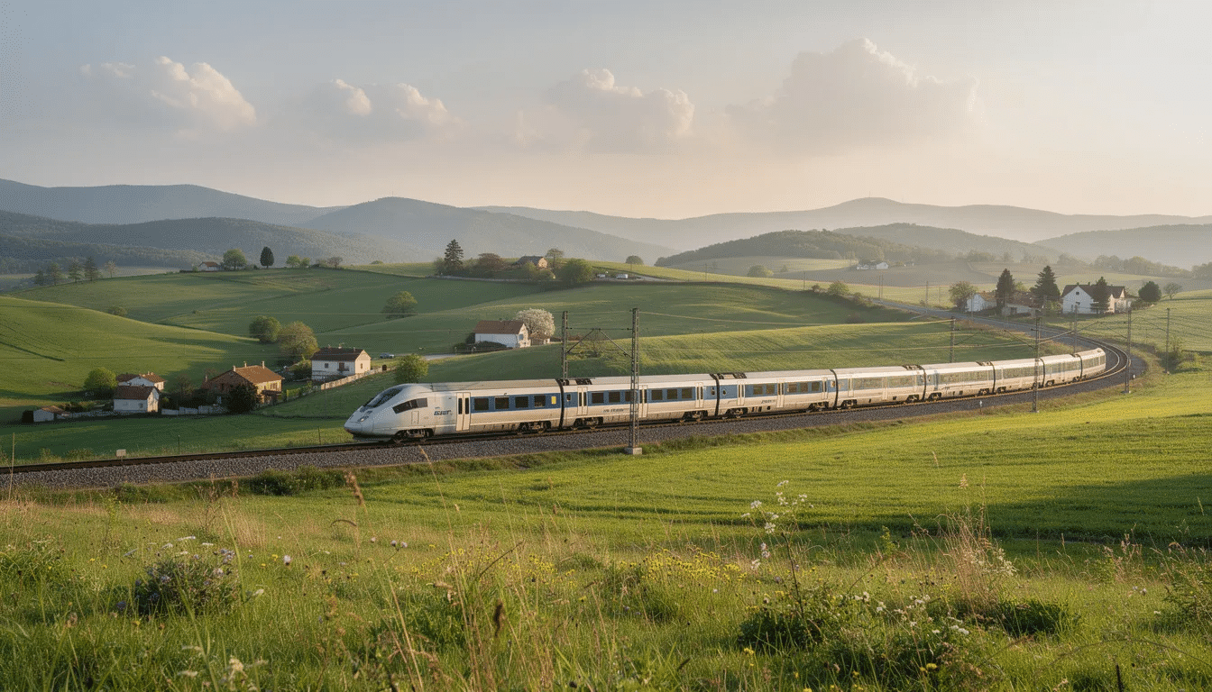 Interrail in Croatia A passenger train travels through the lush green countryside of Croatia, with rolling hills in the background, showcasing the natural beauty of the region. This scene captures the essence of train travel in Croatia, ideal for those exploring the country with an interrail pass.