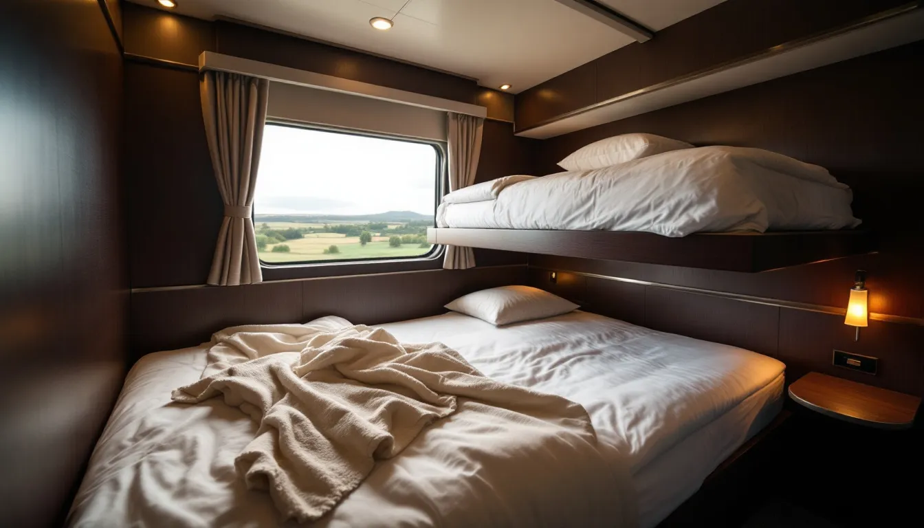 Interrail Global Pass A cozy sleeper train compartment features comfortable beds and a window showcasing scenic views, perfect for night trains across Europe. This setting allows travelers to enjoy unlimited train travel with an interrail global pass, ensuring a restful journey through various destinations in 33 countries.