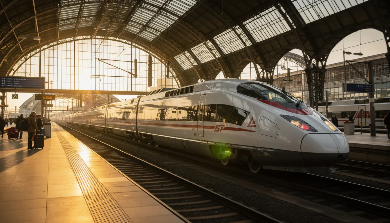 Student Train Pass Europe: How to Travel Cheaply by Rail as a Student A modern high-speed train is seen departing from a bustling European railway station, ready to connect travelers to various destinations across the continent. The scene captures the excitement of public transport, with passengers boarding and preparing for their journey, highlighting the convenience of using a train pass to explore Europe.