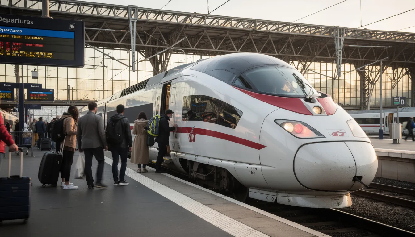 A modern European high-speed train is shown at a busy station platform, where passengers are boarding. The scene captures the hustle of travelers choosing between first class and second class, highlighting the comfort and amenities offered in first class, such as wider seats and air conditioning, compared to the more budget-friendly second class options.