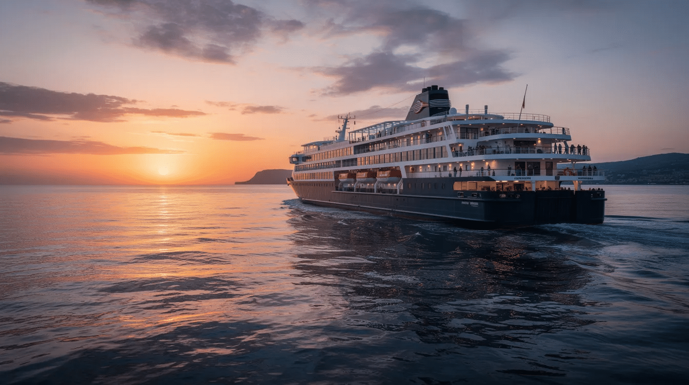 Tåg från Rom till Aten En stor passagerarfärja glider smidigt över lugnt blått vatten under en livlig solnedgång och kastar en varm glöd över scenen. Den här pittoreska resan för tankarna till skönheten i att resa mellan två städer och påminner om färjetrafiken som förbinder destinationer som Rom och Aten.