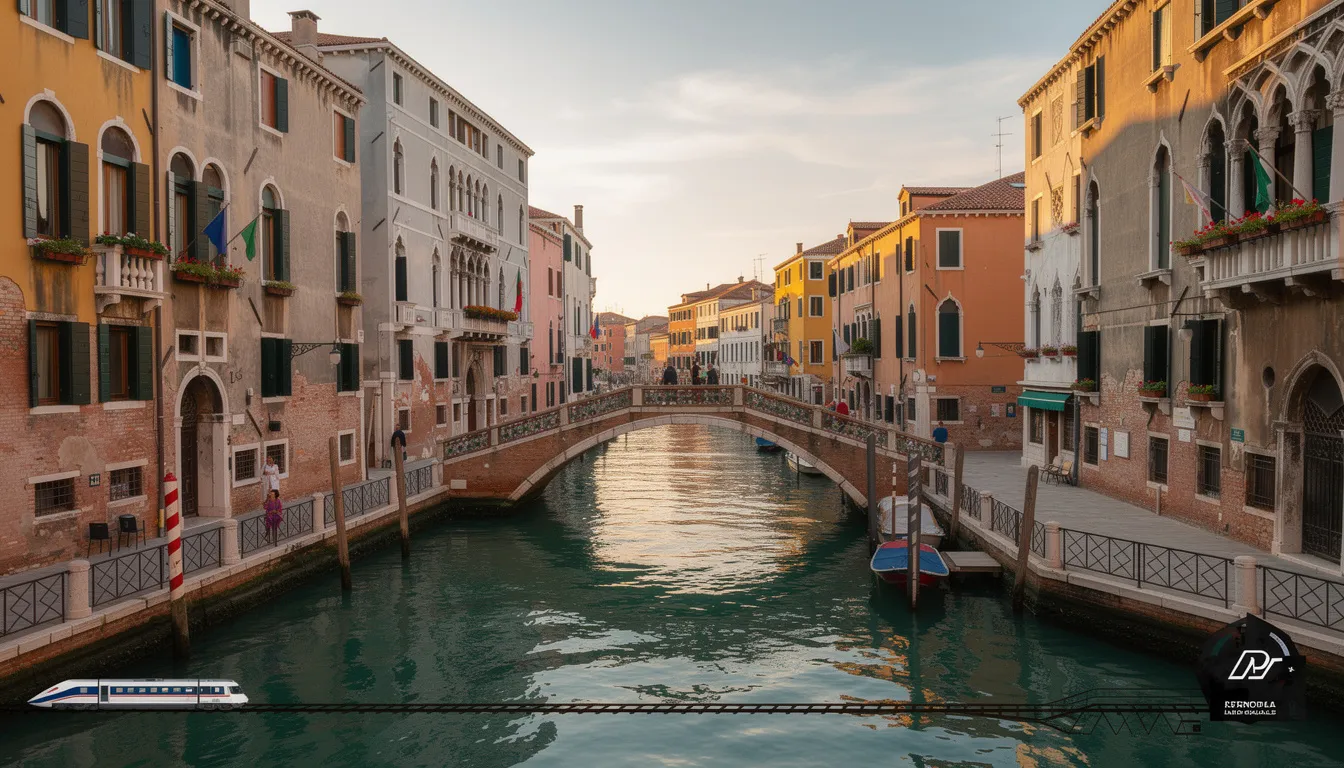 Eurail Promo Codes and Discounts: What Works and What Doesn’t A picturesque view of the Venice canals showcases historic buildings lining the waterways, with a charming bridge in the foreground, symbolizing the beautiful European destinations accessible by rail. This scenic spot invites travelers to plan their trips using cost-effective options like the Eurail pass for unlimited travel across cities like Venice, Paris, and Berlin.