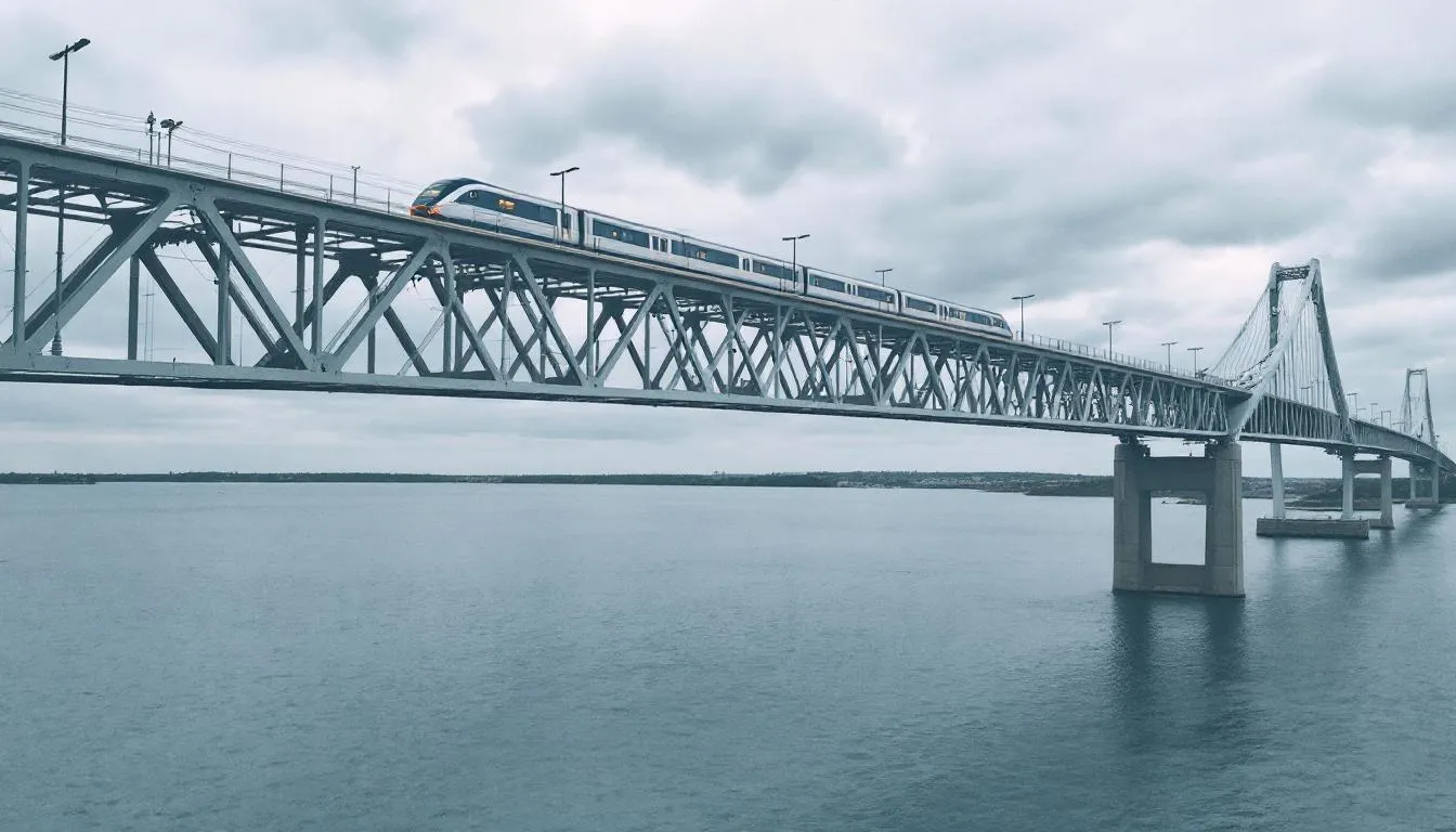 Trains in Denmark The image depicts the Øresund Bridge, a stunning architectural feat, with a train crossing over it as it connects Denmark and Sweden. This vital link facilitates regional train journeys for travelers exploring Danish cities and beyond, highlighting the efficiency of the national railway company.