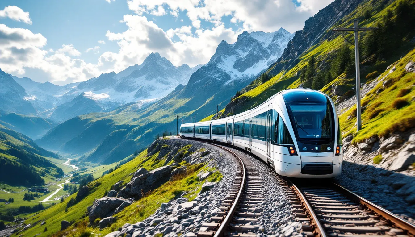 Interrail One Country Pass A modern train travels along a scenic mountain railway in the Alps, surrounded by dramatic landscapes and towering peaks. This picturesque route is perfect for those looking to admire the beauty of Europe while enjoying unlimited train travel with an Interrail Pass.