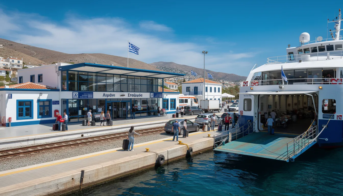 Trains in Greece The image depicts a bustling Greek ferry port with a visible train station, illustrating the seamless connection between maritime and rail transport in Greece. The scene captures various trains, including intercity and suburban railway services, highlighting the importance of the Greek railway system for both domestic and international travel.